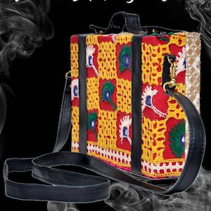 Vintage Boho Vegan Leather Hand Embroidery Mirror-Work Patchwork Box-Style Mini Briefcase Hand Bag