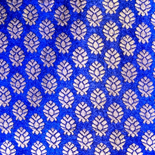 Luxurious Hand Woven Royal Blue Banarasi Brocade Double-Sided Silk Fabric with Floral Motifs by Yardage