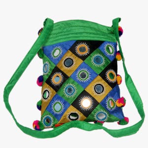 Rustic Mirror Embroidered Tribal Sling Bag with Pom Pom Tassel, Dupion Silk