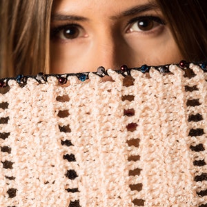 Hand-Knit Woolen Scarf with Crystal Beads and Pearls Crochet on Borders - Free Shipping in US
