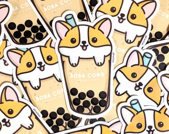 Boba Corgi Sticker, Corgi Stickers, Vinyl Stickers, Boba Stickers, Weatherproof Sticker, Cute Stickers, Dog Stickers, Corgi Gifts, Corgi