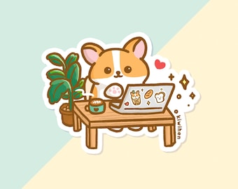 May include: A cartoon illustration of a corgi sitting at a small table with a laptop, a cup of coffee, and a potted plant. The laptop has stickers on it, including a heart, a bread slice, and a cup of boba tea. The text "kiwiwhen" is written on the table.