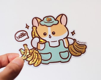 Corgi Vinyl Glitter Sticker Banana