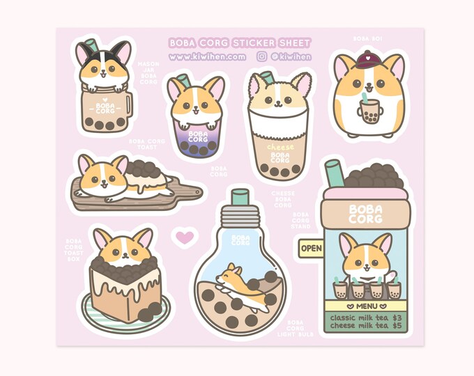 Sticker Sheet Kiss Cut Sticker Cute Sticker Corgi Sticker Sheet Planner Stickers Boba Stickers Boba Corg Sticker Sheet Corgi Stickers