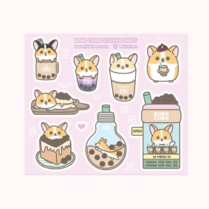 Boba Corg Sticker Sheet, Corgi Sticker Sheet, Corgi Stickers, Boba Stickers, Sticker Sheet, Planner Stickers, Cute Sticker, Kiss Cut Sticker