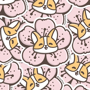 Sakura Corgi Sticker, Corgi Sticker, Sakura Sticker, Cute Sticker, Vinyl Sticker, Flower Sticker, Japanese Sticker, Corgi Gifts, UV proof