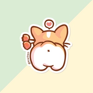 May include: A cartoon illustration of a corgi's rear end with a heart above its head and a flower behind it. The corgi is brown and white with a white stripe down its back. The text '@kiwihen' is written on the bottom left side of the image.