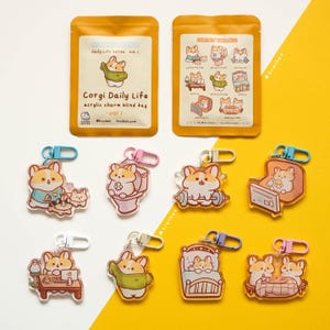 May include: A set of eight colorful acrylic charms featuring a cartoon corgi dog in various daily life activities. The charms are attached to keychains and come in a blind bag. The bag features the text "Corgi Daily Life acrylic charm blind bag Vol. 1".