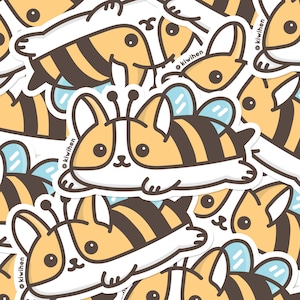 May include: A set of colorful stickers featuring a cartoon bee with a cute face and a corgi dog wearing a bee costume. The stickers are perfect for adding a touch of whimsy to laptops, water bottles, or journals.