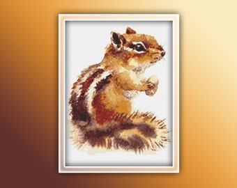 Watercolor chipmunk and flowers animal counted cross stitch pattern digital pdf