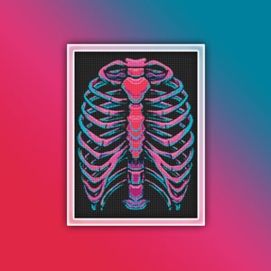 May include: A pixelated image of a human rib cage in pink and blue colors on a black background.