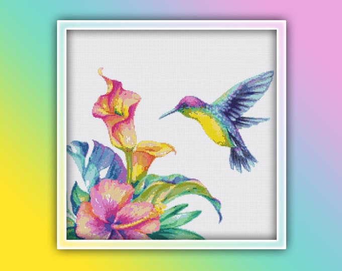 HUMMINGBIRD Counted Cross Stitch Modern Watercolor Bird Cross Stitch Pattern PDF Bird Nature