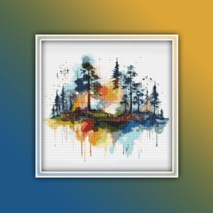 Forest Landscape Cross Stitch Pattern 2 Instant PDF Download - Tree Line and Lake Watercolor Cross Stitch Pattern