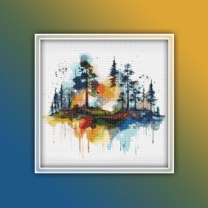 Forrest Landscape Cross Stitch Pattern 2 Instant PDF Download - Tree Line and Lake Watercolor Cross Stitch Pattern