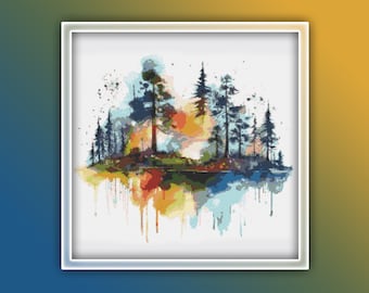 Forest Landscape Cross Stitch Pattern 2 Instant PDF Download - Tree Line and Lake Watercolor Cross Stitch Pattern