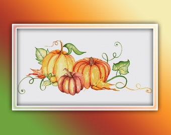 Pumpkins Cross Stitch Pattern 1 Instant PDF Download - Autumn Watercolor Cross Stitch Pattern - Halloween Cross Stitch Pattern