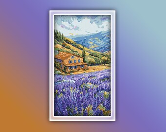 Lavendelboerderij kruissteekpatroon 2 Instant pdf-download - Flower Farm aquarel kruissteekpatroon - House on Farm