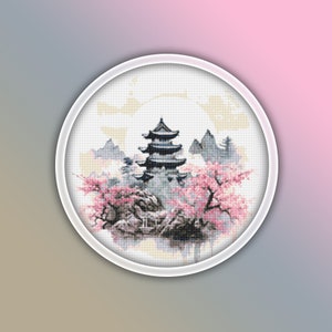 Japanese Landscape Cross Stitch Pattern 17 Instant PDF Download - Cherry Blossom Tree Watercolor Cross Stitch Pattern - Japan Cross Stitch
