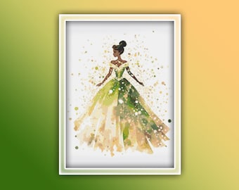 Tiana Cross Stitch Pattern 1 Instant PDF Download - Princess Watercolor Cross Stitch Pattern - The Frog and the Princess Fairy Tale