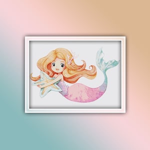 Mermaid Cross Stitch Pattern Instant PDF Download - Mermaid Watercolor Cross Stitch