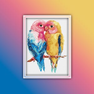 Lovebirds Cross Stitch Pattern 1 Instant PDF Download - Forpus Love Birds Watercolor Cross Stitch Pattern - Bird Cross Stitch Pattern