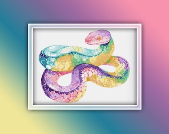 Snake Cross Stitch Pattern 5 Instant PDF Download - Pastel Color Snake Watercolor Cross Stitch Pattern - Reptile Cross Stitch Pattern