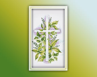 May include: White cross surrounded by green leaves on a light purple background. The cross is a religious symbol of faith and hope.