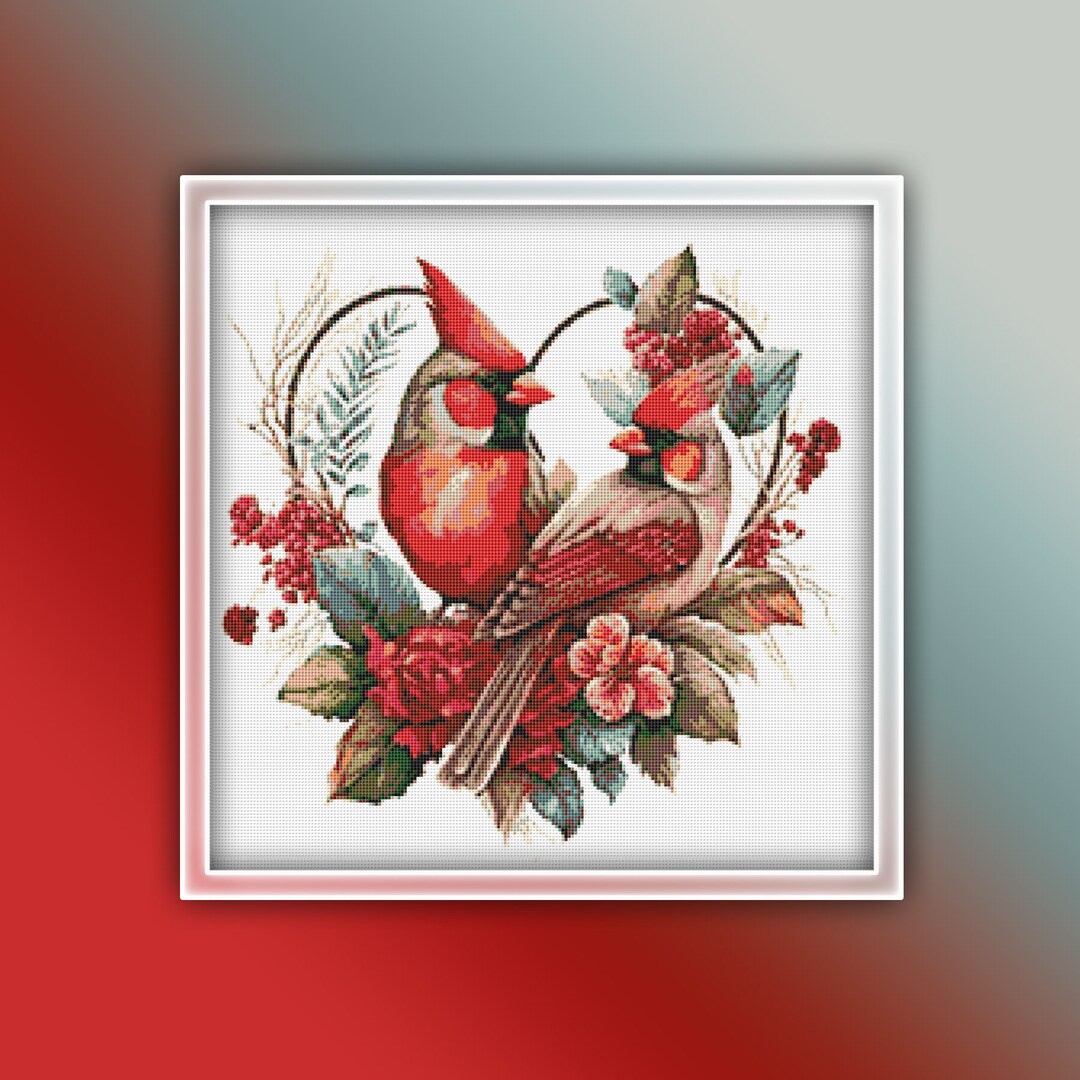 Cardinals Heart Cross Stitch Pattern 3 Instant PDF Download Cardinalidae Watercolor Cross Stitch