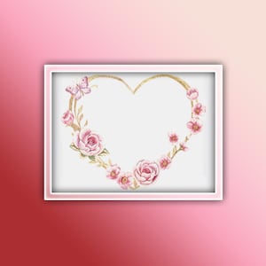Heart Wreath Cross Stitch Pattern 5 Instant Download Instant PDF Download | Flowers Watercolor Pattern | Pink Roses | Gold Frame |