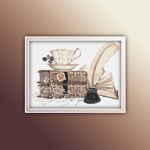 Book and Quill Cross Stitch Pattern 1 Instant PDF Download - Book Watercolor Cross Stitch Pattern - Reading Cross Stitch