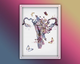 May include: A white background with a detailed anatomical illustration of a female reproductive system. The illustration is filled with colourful flowers and butterflies.