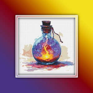 May include: A glass bottle with a cork stopper filled with a swirling, fiery orange and yellow liquid. The bottle is surrounded by a colorful, abstract background.