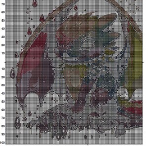 May include: A cross-stitch pattern featuring a colorful dragon with a red, orange, yellow, green, blue, and purple color scheme. The pattern is on a white grid background.