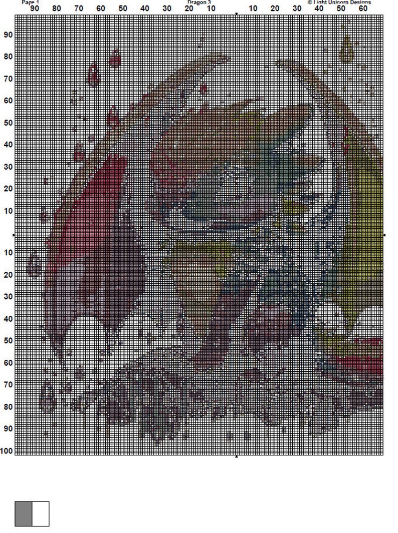 May include: A cross-stitch pattern featuring a colorful dragon with a red, orange, yellow, green, blue, and purple color scheme. The pattern is on a white grid background.
