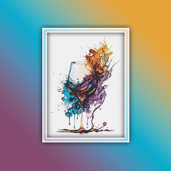 Peut inclure: Une peinture abstraite colorée d'un verre à vin avec des éclaboussures de peinture bleue, violette, orange et jaune.