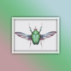May include: A green beetle with iridescent wings is depicted in a cross-stitch pattern. The beetle has a metallic green body and brown legs. The wings are a mix of purple, blue, and brown.