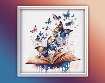 Butterfly Book Cross Stitch Pattern 1 Instant PDF Download - Reading Watercolor Cross Stitch Pattern - Book with Butterflies