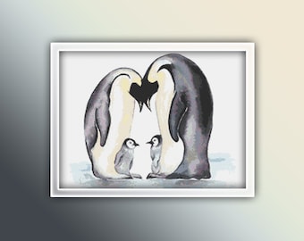 Penguins Cross Stitch Pattern 2 Instant PDF Download - Emperor Penguin Watercolor Cross Stitch Pattern - Bird Cross Stitch Pattern