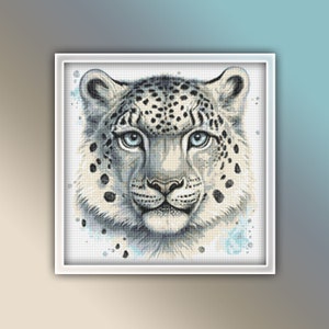 Snow Leopard Cross Stitch Pattern 9 Instant PDF Download - Leopard Watercolor Cross Stitch Pattern - Large Mountain Cat Cross Stitch Pattern