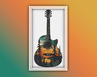 May include: A black acoustic guitar with a colorful nature scene design. The guitar has a sunset, trees, and mountains on the body.