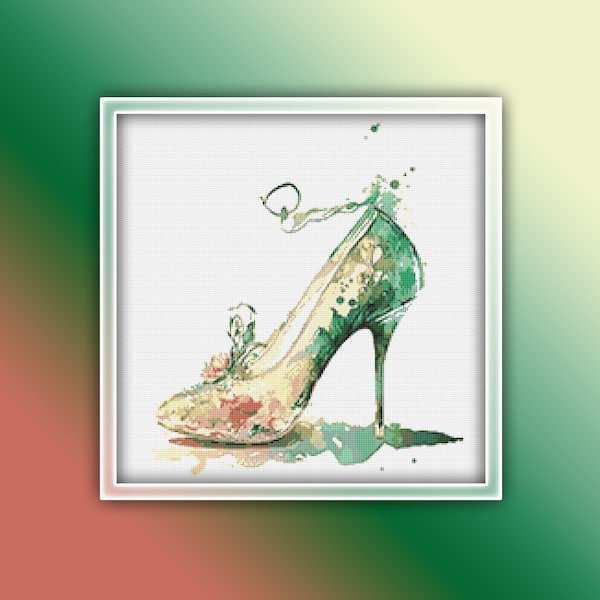 Fairy Tale Shoe Cross Stitch Pattern 2 Instant PDF Download - Lady Shoes Watercolor Cross Stitch Pattern - High Heel Women Shoe - Cinderella