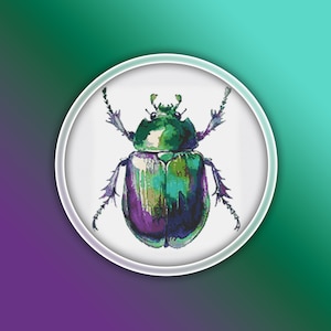 May include: A cross-stitch design of a beetle, featuring a vibrant mix of green, purple, and teal hues. The insect is centered within a white circle, set against a gradient background of purple and teal.