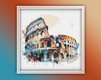 Colosseum Cross Stitch Pattern 1 Instant PDF Download - Rome Italy Watercolor Cross Stitch Pattern - Amphitheater - The Colusseum