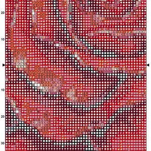 K&ouml;nnte beinhalten: Ein Kreuzstichmuster mit einer roten Rose in einem detaillierten Design. Das Muster ist auf wei&szlig;em Hintergrund mit schwarzen Gitterlinien. Das Muster ist f&uuml;r ein Kreuzstichprojekt.