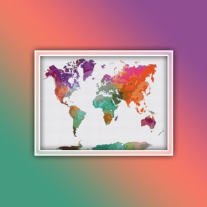 World Map Cross Stitch Pattern 1 Instant PDF Download - Earth Watercolor Cross Stitch Pattern