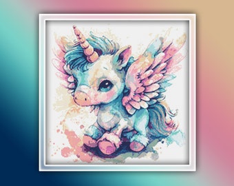Pegasus Kreuzstichmuster 1 Sofort PDF Download - Pferd Aquarell Kreuzstichmuster - Tier Kreuzstichmuster - Süßes Baby Pony