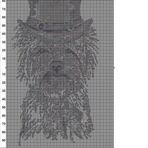 Puede incluir: Patr&oacute;n de arte de p&iacute;xeles en blanco y negro de un Yorkshire Terrier. El patr&oacute;n est&aacute; en una cuadr&iacute;cula con n&uacute;meros en la parte superior y lateral. La imagen est&aacute; etiquetada como "Yorkshire Dog 2".