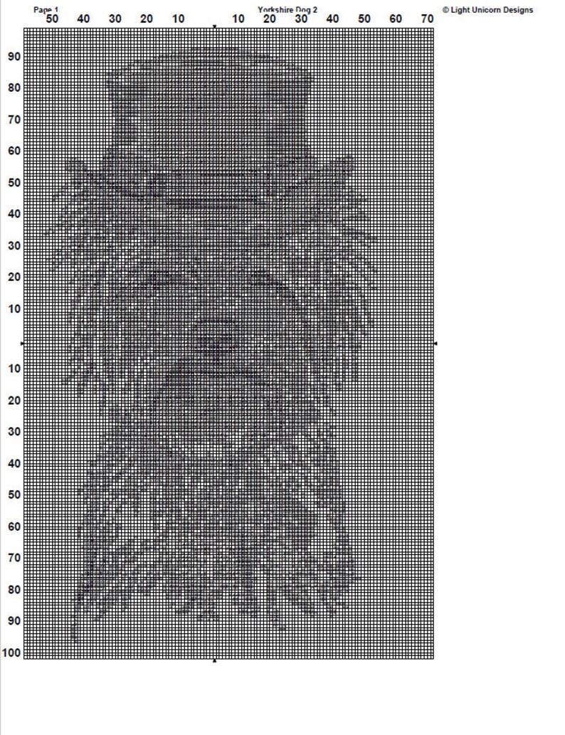 Puede incluir: Patr&oacute;n de arte de p&iacute;xeles en blanco y negro de un Yorkshire Terrier. El patr&oacute;n est&aacute; en una cuadr&iacute;cula con n&uacute;meros en la parte superior y lateral. La imagen est&aacute; etiquetada como "Yorkshire Dog 2".