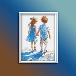 Girl and Boy Cross Stitch Pattern 1 Instant PDF Download - Little Girl and Boy Playing Watercolor Cross Stitch Pattern - Children