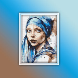 Girl with Pearl Earring Cross Stitch Pattern 2 Instant PDF Download - Woman Watercolor Cross Stitch Pattern - Modern Girl with Pearl Earring